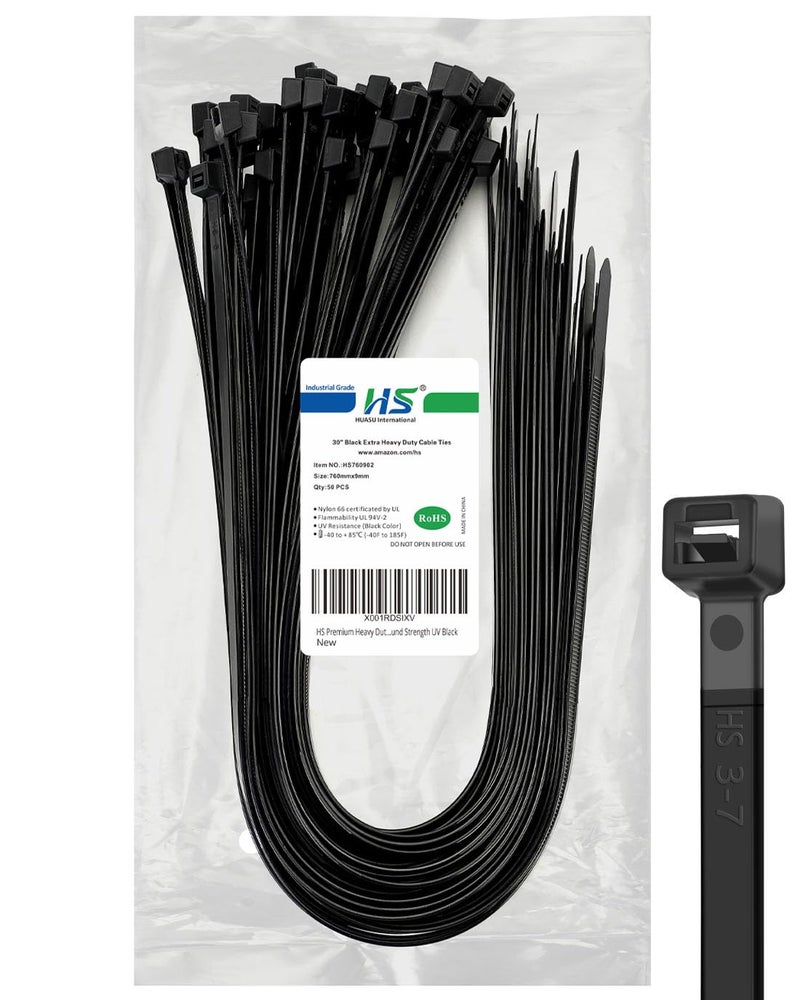 HS Long Heavy Duty Cable Tie Straps Plastic (50 Pack) Outdoor Strong Large Zip Ties 30 Inch,Industrial Zipties 200 Pound Strength UV Black - Image 1
